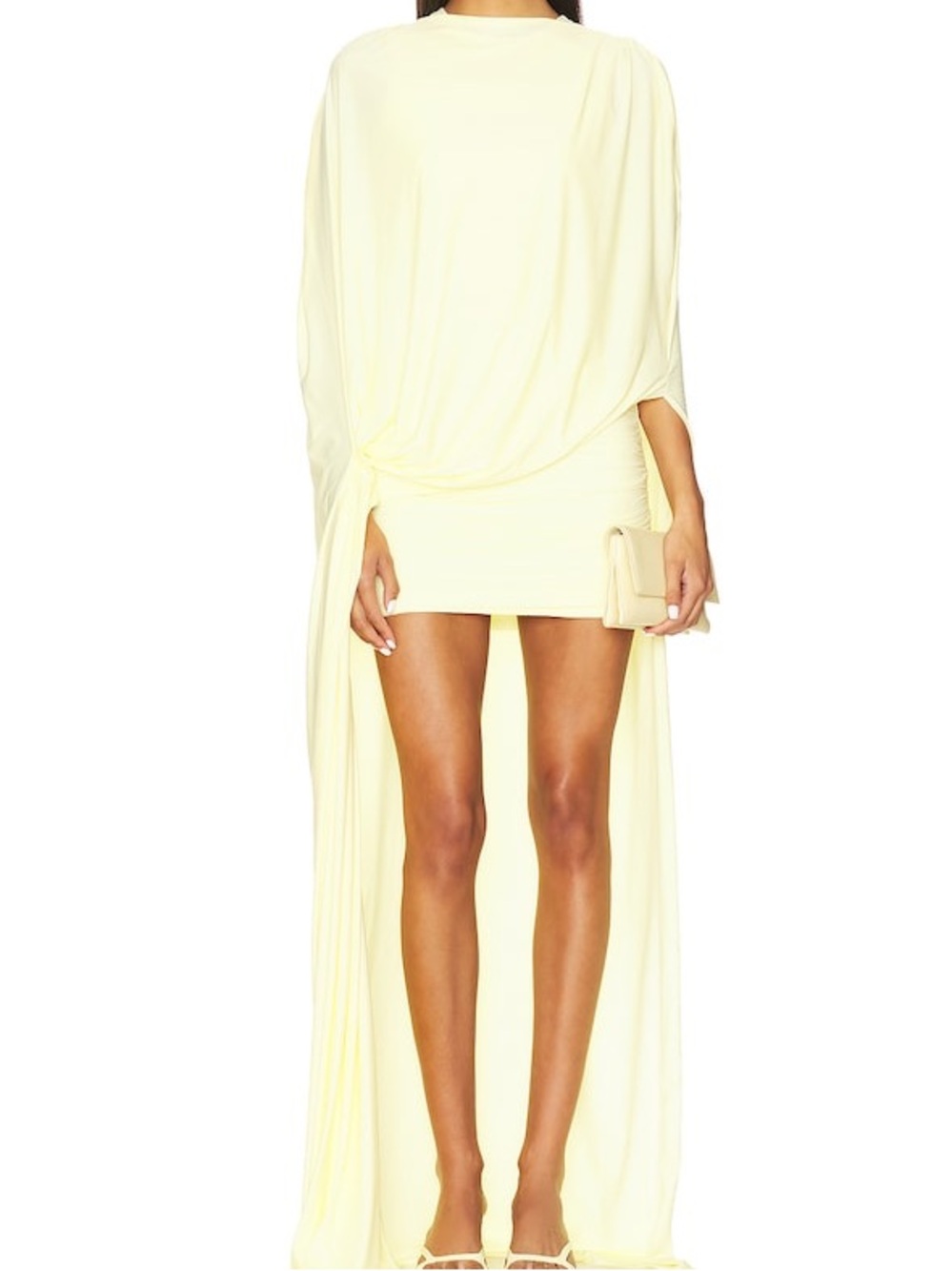 Deme by Gabriella Alexandra Mini Dress Butter Yellow Cape Sleeve Draped L NWT